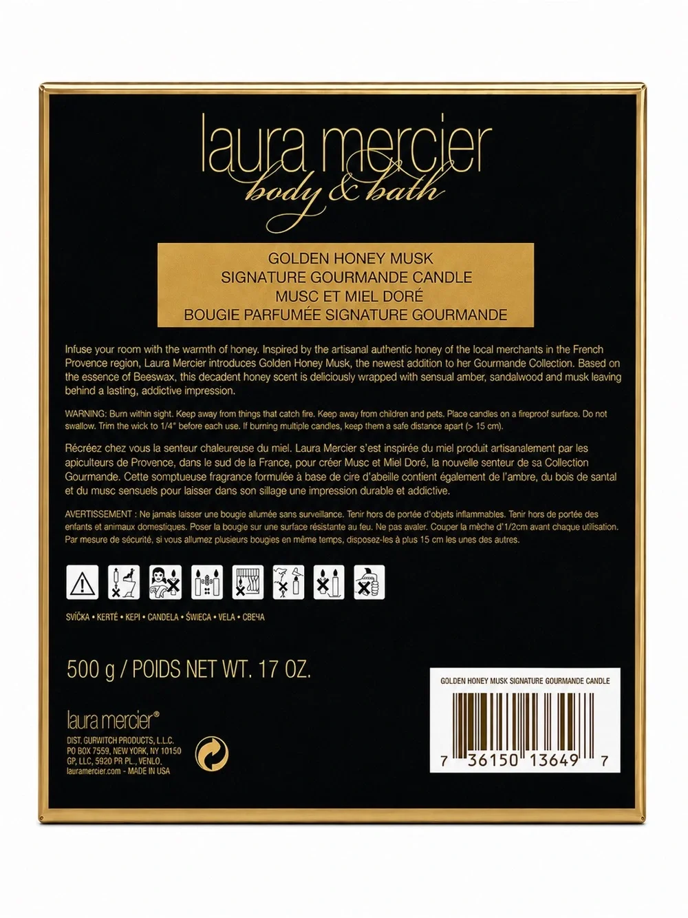 New-Laura Mercier Bath & Body Golden Honey Musk Signature Gourmande Candle 17 oz